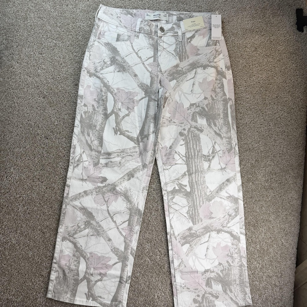 Hollister Low-Rise Baggy Jeans Womens 8 Light Wash White Camo Stretch Denim